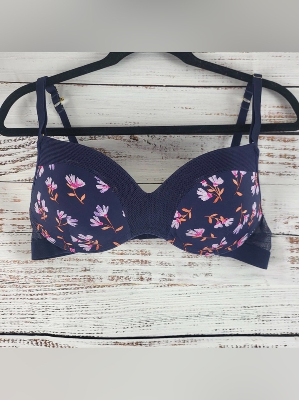 Lively Bra 36 Womens Blue Floral Print Wireless Adjustable Straps